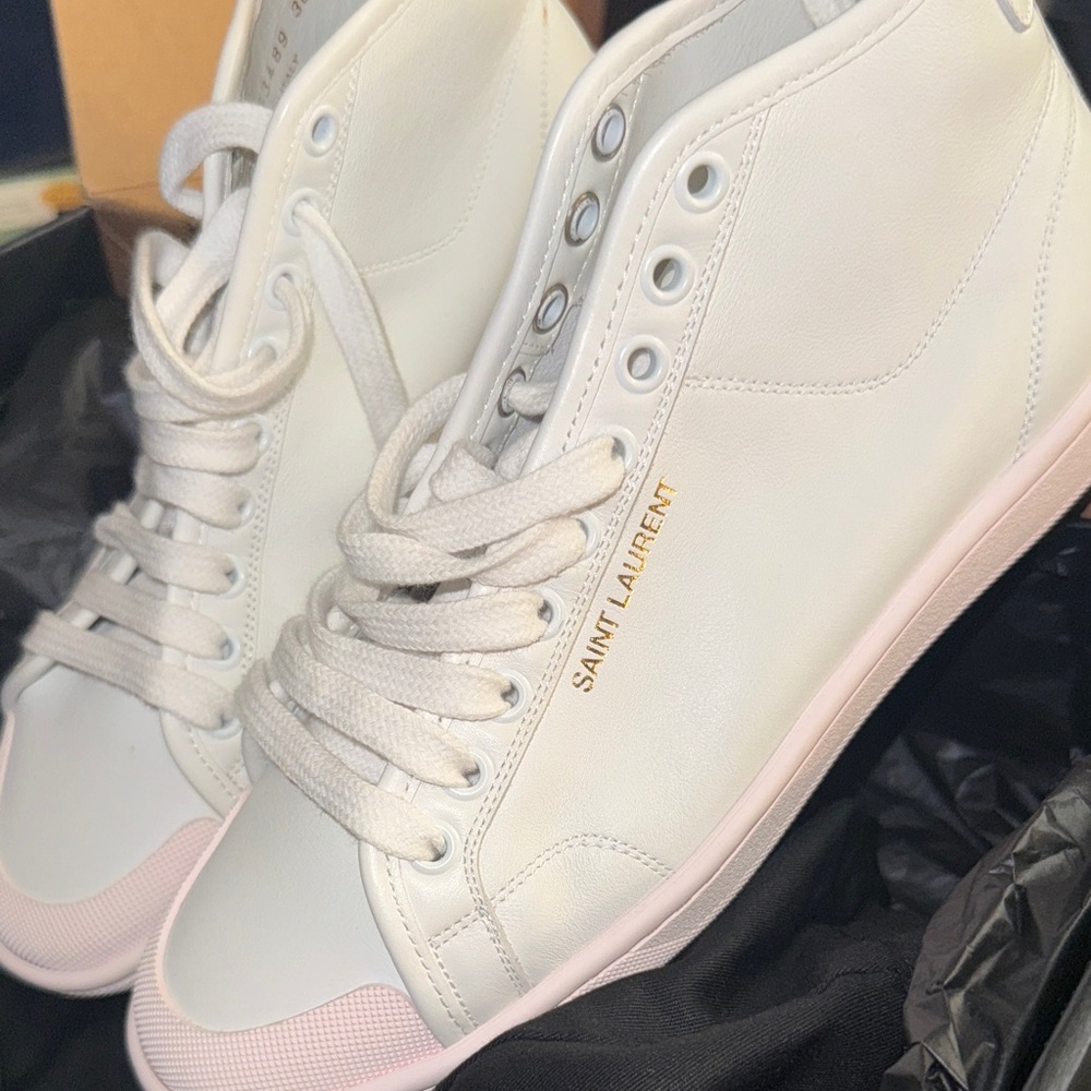 Saint Laurent White and Pink High-Top Sneakers